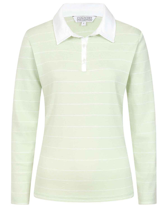 Sarah Striped Long Sleeve Cotton Polo Top - Mint - Image 4 - The Classic Boutique