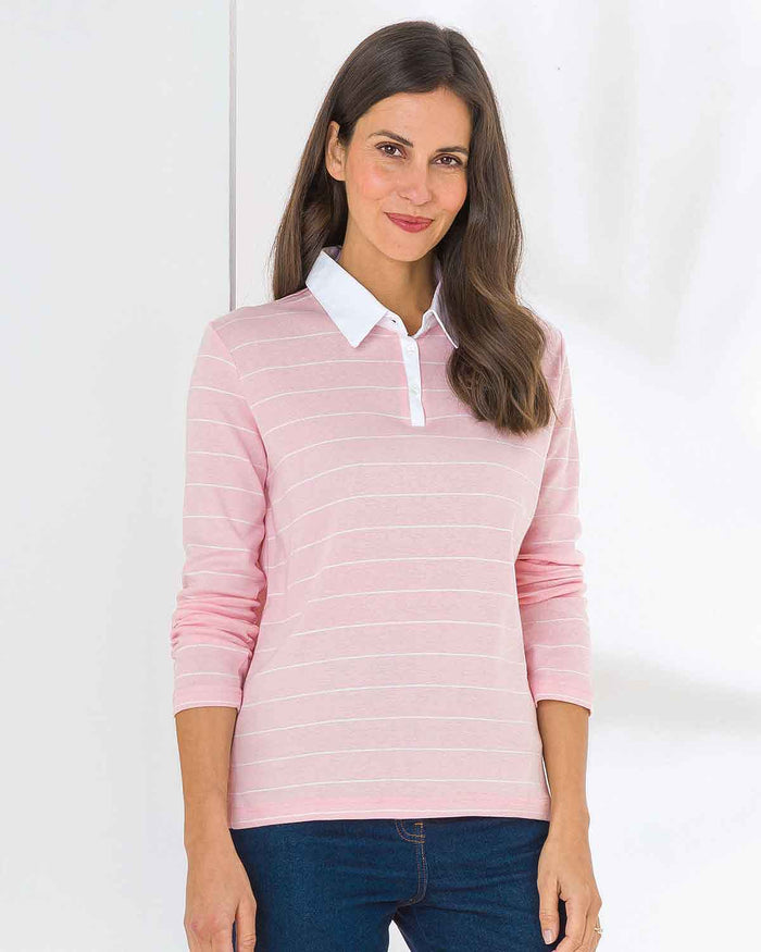 Sarah Striped Long Sleeve Cotton Polo Top - Pink - Image 1 - The Classic Boutique