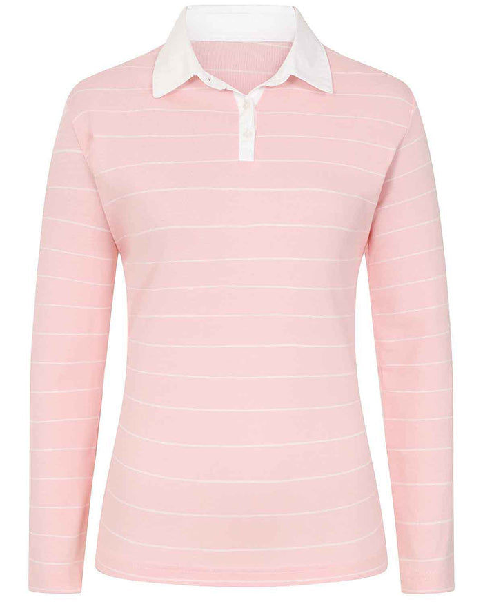 Sarah Striped Long Sleeve Cotton Polo Top - Pink - Image 3 - The Classic Boutique