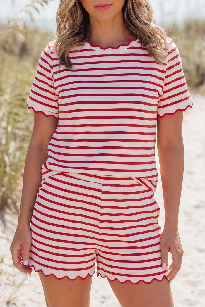 Scallop Trim Casual Top 2pcs Short Set – Red Stripe
