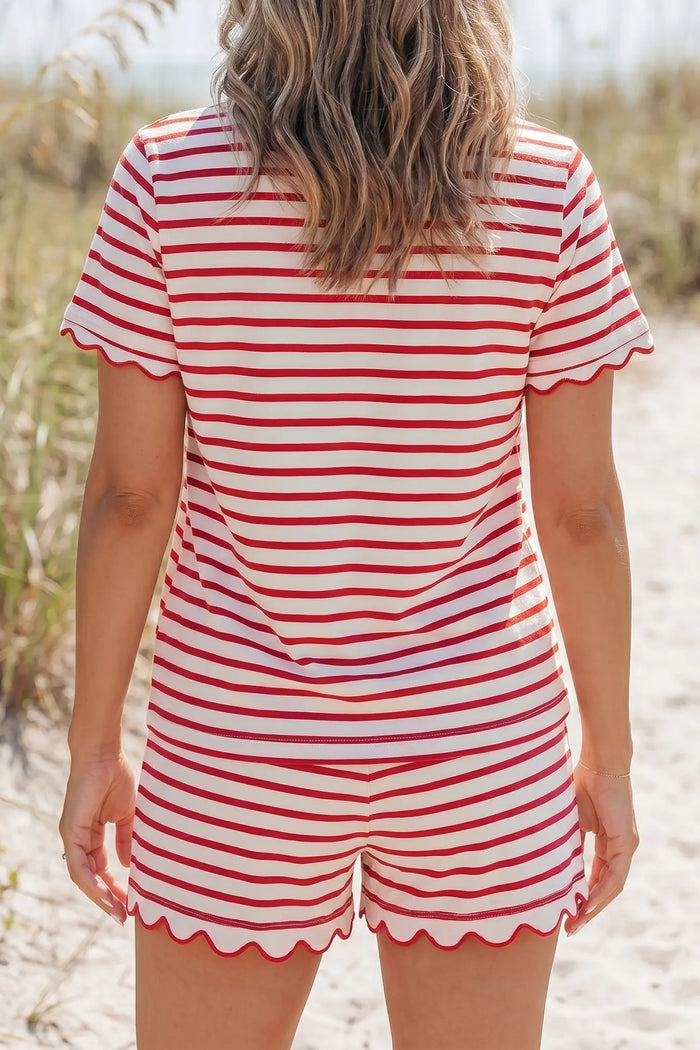 Scallop Trim Casual Top 2pcs Short Set – Red Stripe