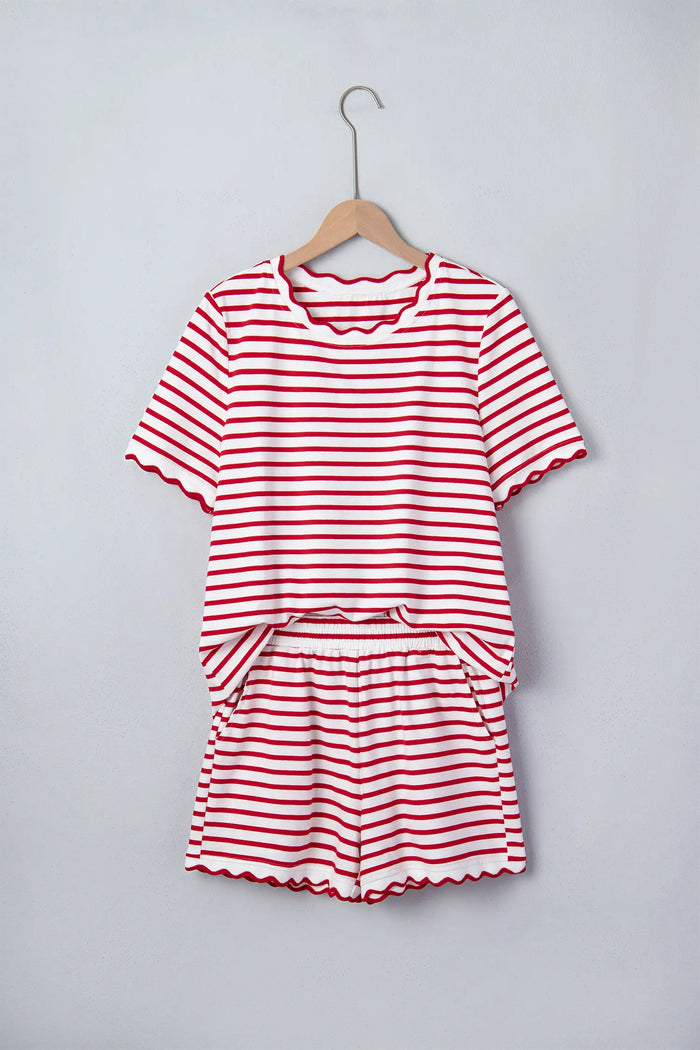 Scallop Trim Casual Top 2pcs Short Set – Red Stripe