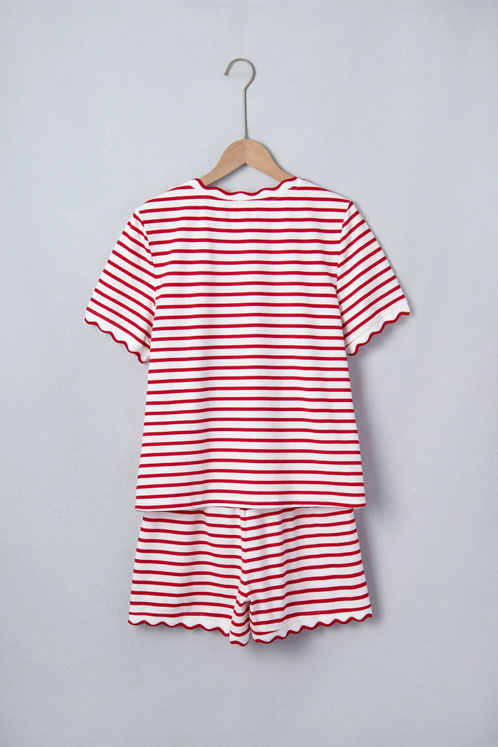 Scallop Trim Casual Top 2pcs Short Set – Red Stripe