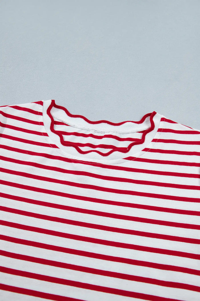 Scallop Trim Casual Top 2pcs Short Set – Red Stripe