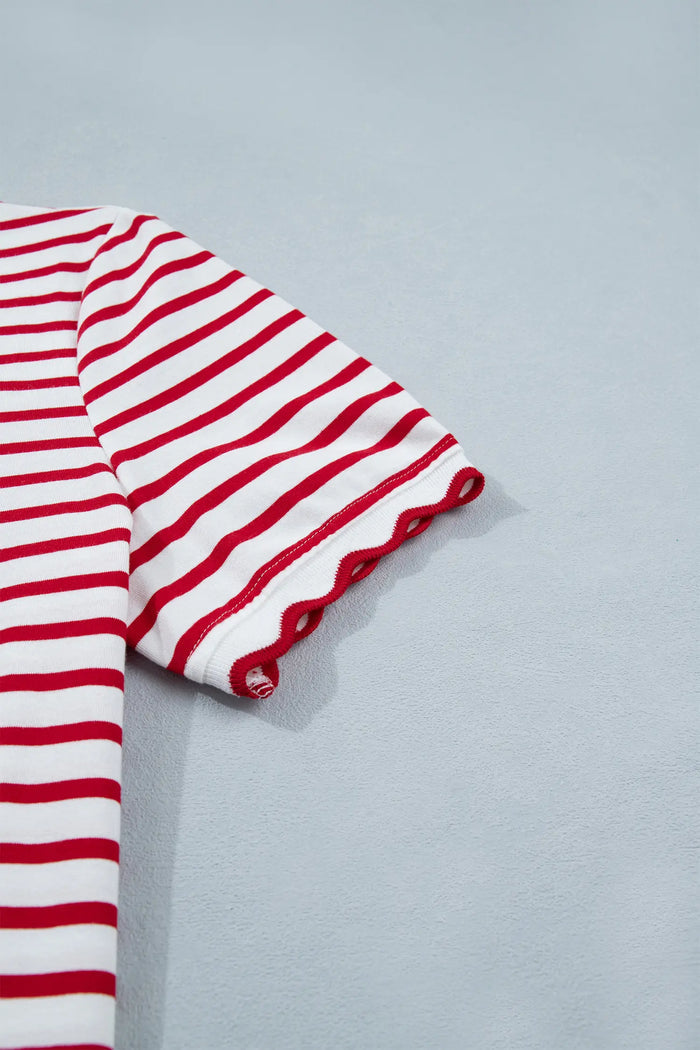 Scallop Trim Casual Top 2pcs Short Set – Red Stripe