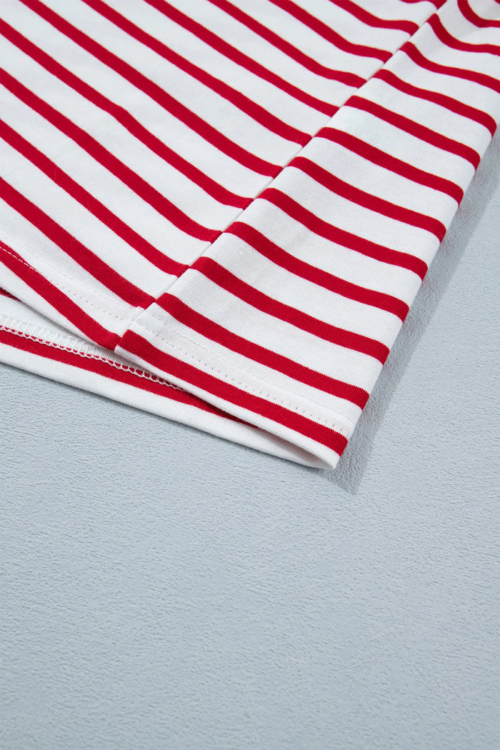 Scallop Trim Casual Top 2pcs Short Set – Red Stripe