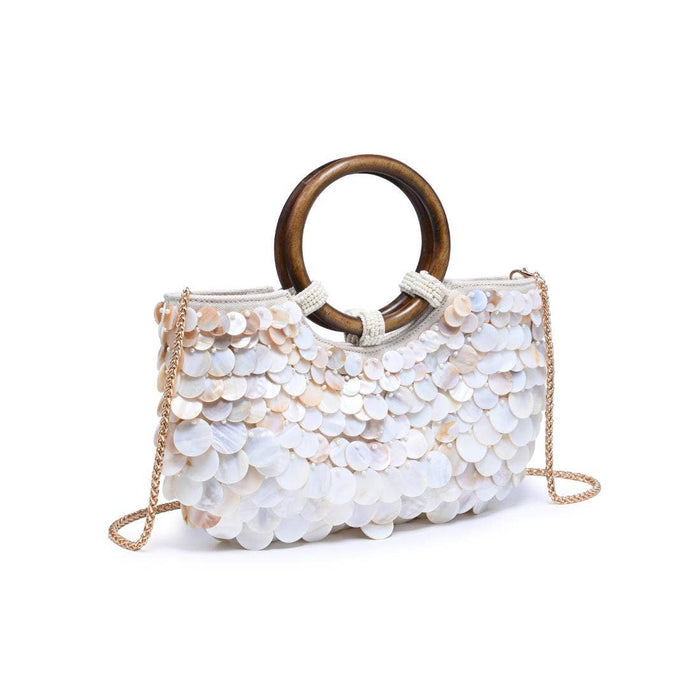 Close-up of the Scarlett Evening Bag displaying shimmering layered shell discs, polished wood ring handles, beaded detailing, and removable chain strap.