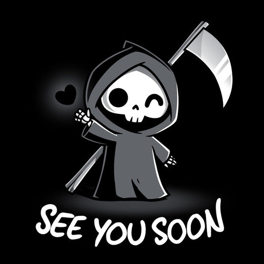 Premium Cotton T-shirt_TeeTurtle See You Soon black t-shirt featuring a spooky cartoon Grim Reaper holding a scythe, waving, and a floating black heart next to it, with the text below that says in dark humor "SEE YOU SOON".