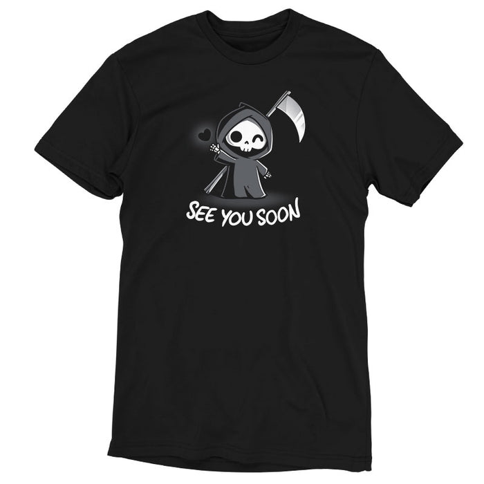 Premium Cotton T-shirt_TeeTurtle See You Soon black t-shirt featuring a spooky cartoon Grim Reaper holding a scythe, waving, and a floating black heart next to it, with the text below that says in dark humor "SEE YOU SOON".