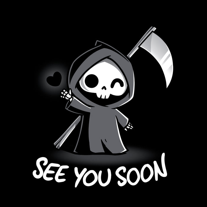 Classic Cotton T-shirt_TeeTurtle See You Soon black t-shirt featuring a spooky cartoon Grim Reaper holding a scythe, waving, and a floating black heart next to it, with the text below that says in dark humor "SEE YOU SOON".