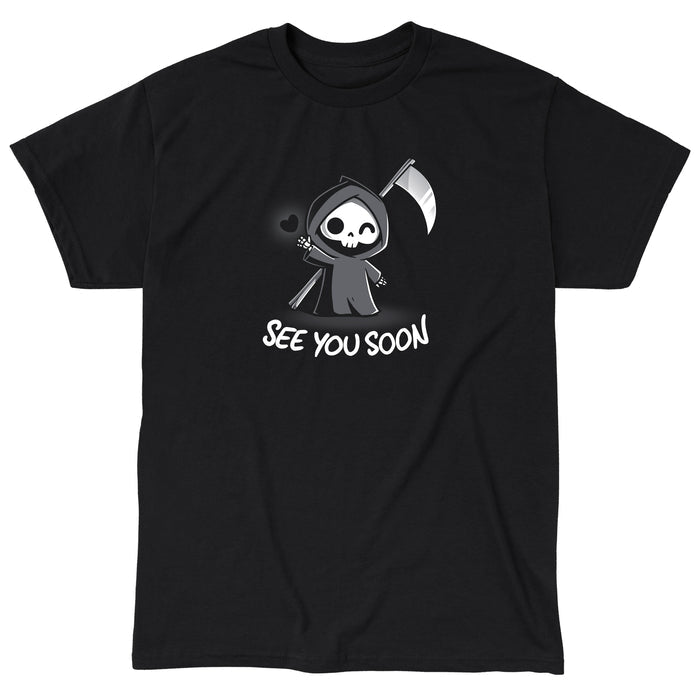Classic Cotton T-shirt_TeeTurtle See You Soon black t-shirt featuring a spooky cartoon Grim Reaper holding a scythe, waving, and a floating black heart next to it, with the text below that says in dark humor "SEE YOU SOON".
