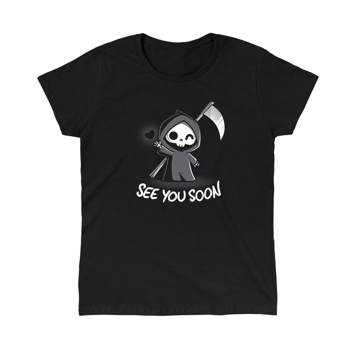 Classic Cotton T-shirt_TeeTurtle See You Soon black t-shirt featuring a spooky cartoon Grim Reaper holding a scythe, waving, and a floating black heart next to it, with the text below that says in dark humor "SEE YOU SOON".