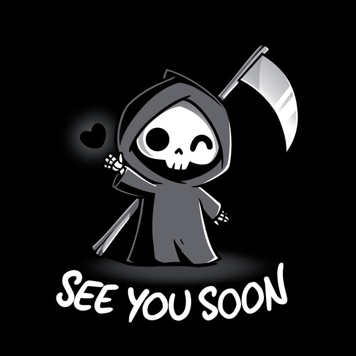 Long Sleeve T-shirt_TeeTurtle See You Soon black t-shirt featuring a spooky cartoon Grim Reaper holding a scythe, waving, and a floating black heart next to it, with the text below that says in dark humor "SEE YOU SOON".