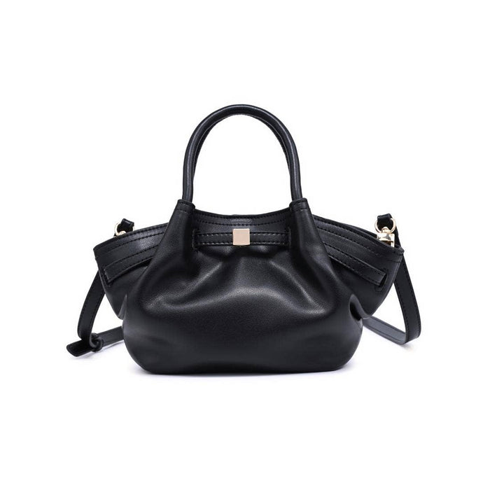 Front view of the Selena Crossbody in black vegan leather with rolled top handles, adjustable shoulder strap, and gold-tone hardware.