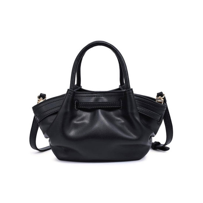 Back view of the Selena Crossbody in black vegan leather featuring a smooth soft-structured silhouette, rolled top handles, and adjustable shoulder strap.