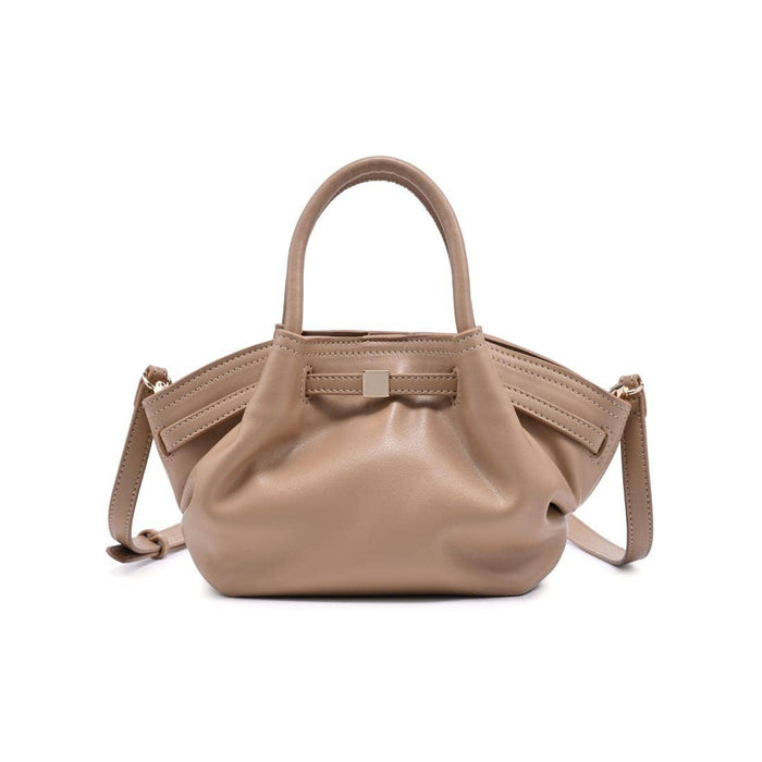 Selena Crossbody in taupe vegan leather featuring a gathered mini satchel silhouette, rolled top handles, removable adjustable crossbody strap, and gold-tone hardware.