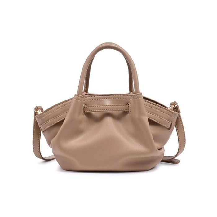 Back view of the Selena Crossbody in taupe vegan leather with soft gathered detailing, structured top handles, removable crossbody strap, and clean modern design.