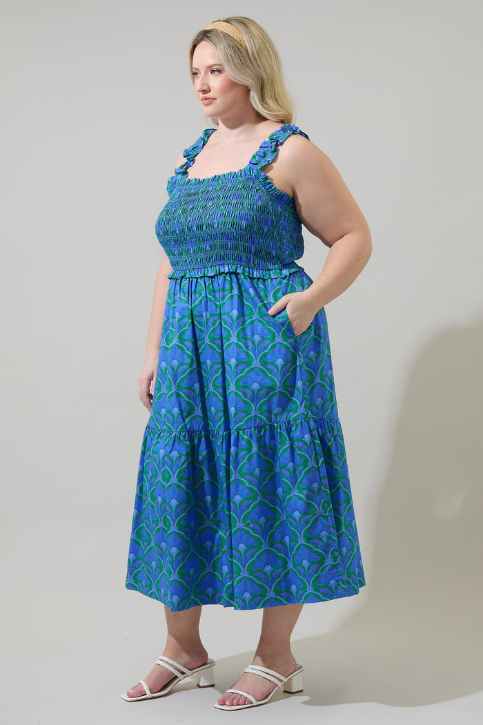 Sera Floral Ember Smocked Midi Dress Curve