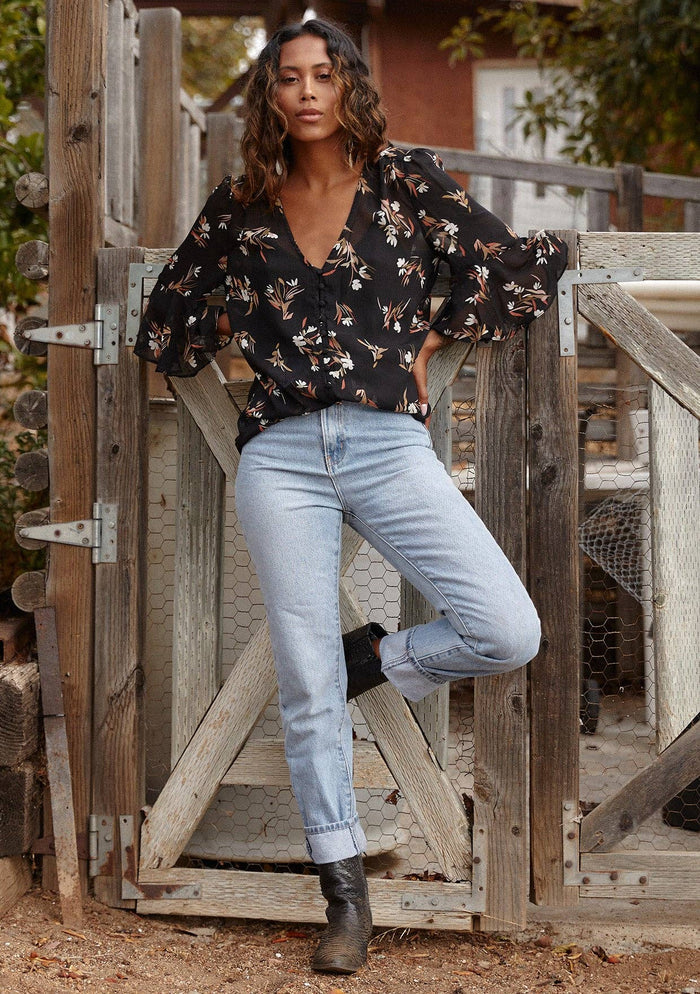 Sheer Floral Half Sleeve Button Down Blouse