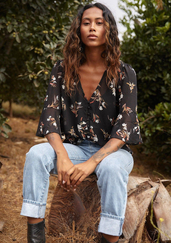 Sheer Floral Half Sleeve Button Down Blouse
