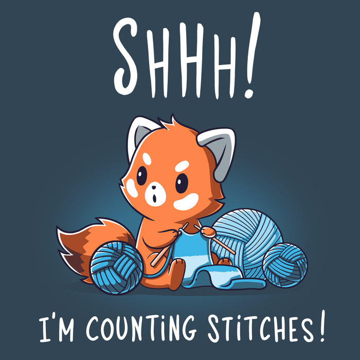 Premium Cotton T-shirt_Teeturtle denim blue Shhh! I'm Counting Stitches! apparel featuring a red panda knitting with blue yarn. Text reads, "Shhh! I'm Counting Stitches!"