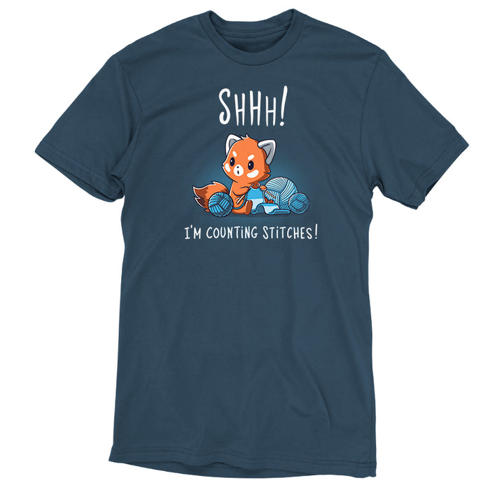 Premium Cotton T-shirt_Teeturtle denim blue Shhh! I'm Counting Stitches! apparel featuring a red panda knitting with blue yarn. Text reads, "Shhh! I'm Counting Stitches!"