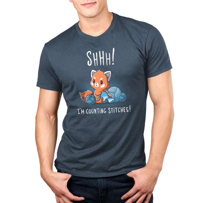 Premium Cotton T-shirt_Teeturtle denim blue Shhh! I'm Counting Stitches! apparel featuring a red panda knitting with blue yarn. Text reads, "Shhh! I'm Counting Stitches!"