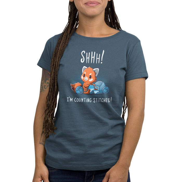 Premium Cotton T-shirt_Teeturtle denim blue Shhh! I'm Counting Stitches! apparel featuring a red panda knitting with blue yarn. Text reads, "Shhh! I'm Counting Stitches!"