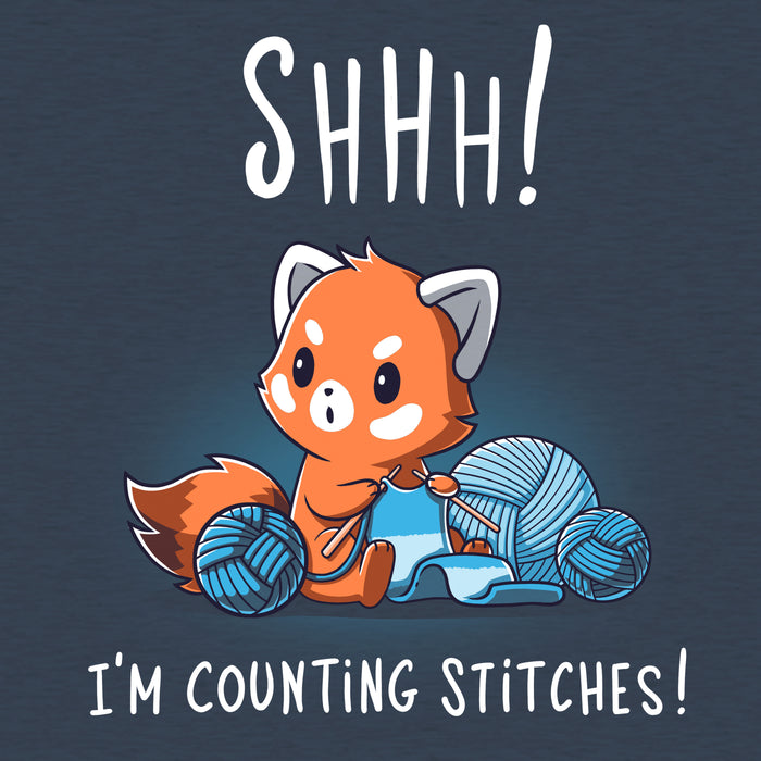 Classic Cotton T-shirt_Teeturtle heather navy Shhh! I'm Counting Stitches! apparel featuring a red panda knitting with blue yarn. Text reads, "Shhh! I'm Counting Stitches!"