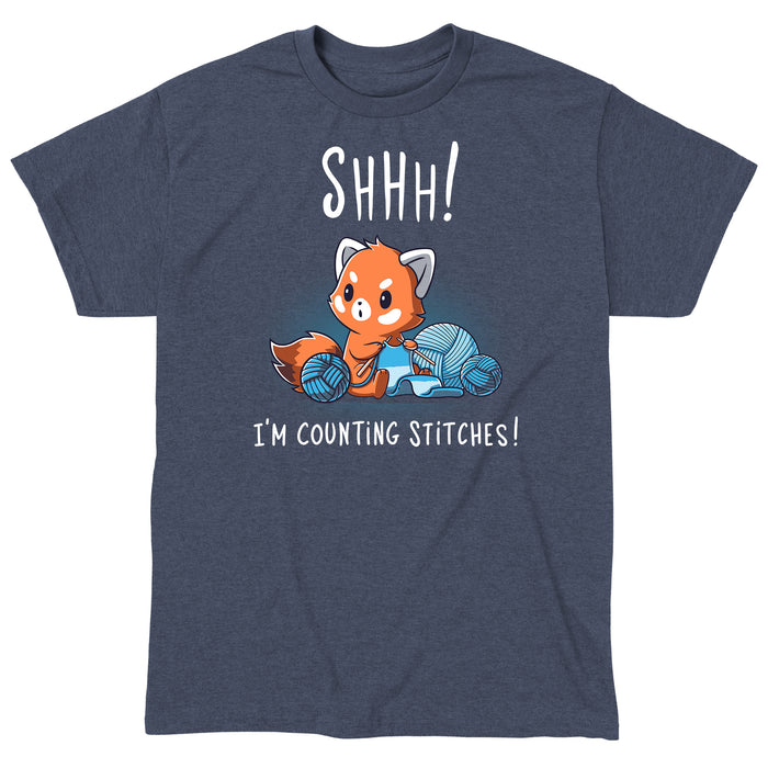 Classic Cotton T-shirt_Teeturtle heather navy Shhh! I'm Counting Stitches! apparel featuring a red panda knitting with blue yarn. Text reads, "Shhh! I'm Counting Stitches!"