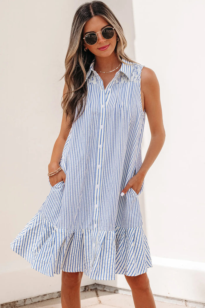 Shirt Collar Shirred Detail Ruffle Hem Sleeveless Dress – Sky Blue Stripe
