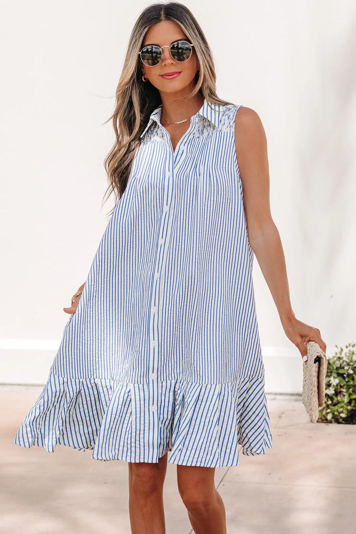 Shirt Collar Shirred Detail Ruffle Hem Sleeveless Dress – Sky Blue Stripe