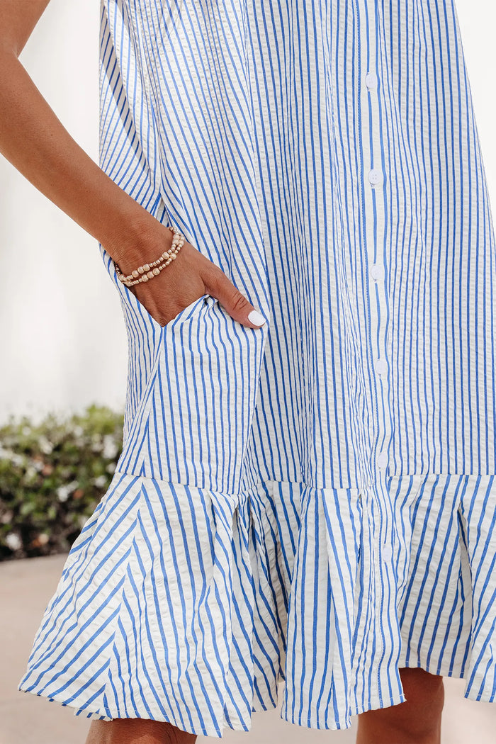 Shirt Collar Shirred Detail Ruffle Hem Sleeveless Dress – Sky Blue Stripe