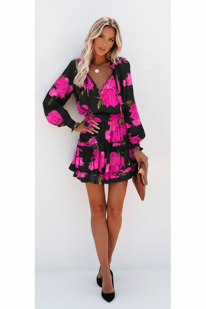 Boho mini dress with ruffle hem, model facing camera, soft natural lighting