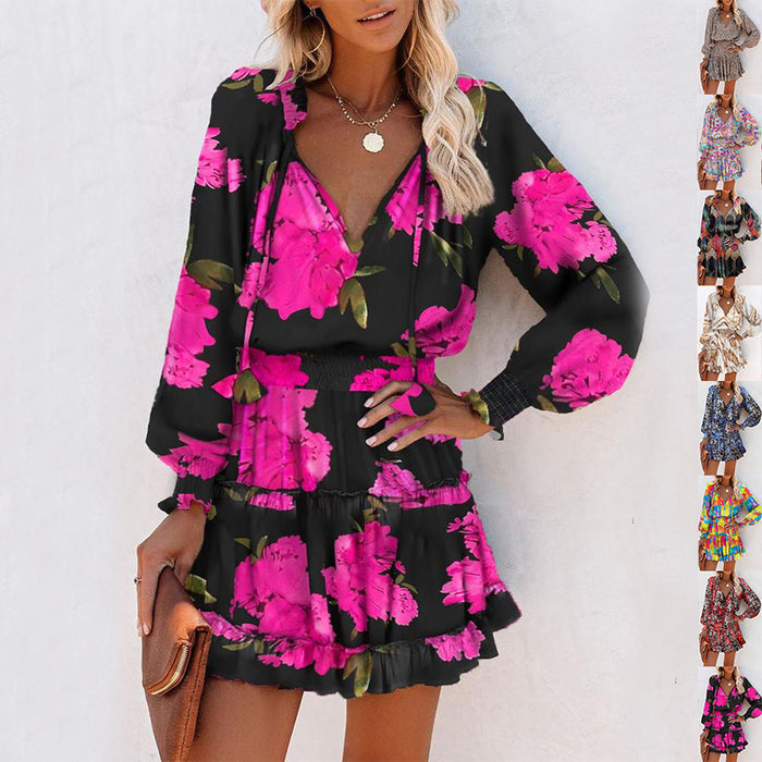 Close-up of puff sleeve detail on floral printed mini dress, polyester fabric texture