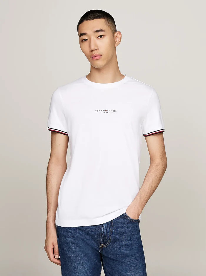 Signature Tipped Cuff Slim Tee in White