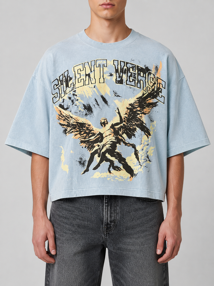 Silent Verse Ascension oversized cropped T-shirt in light blue, casual fit with soft fabric and relaxed style.