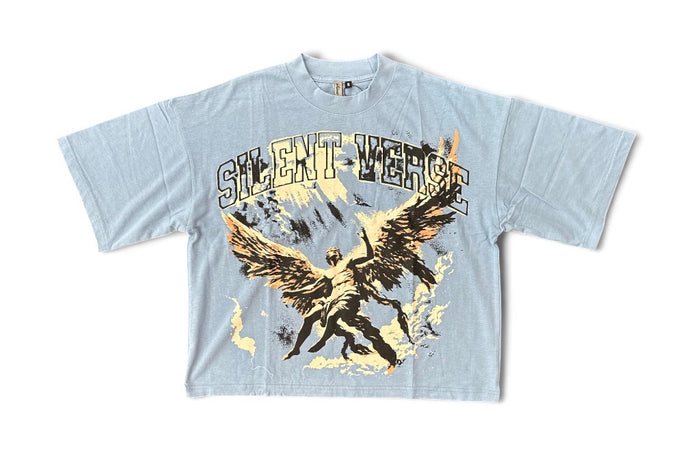 Silent Verse Ascension oversized light blue cropped T-shirt displayed flat showing front design and fit details.