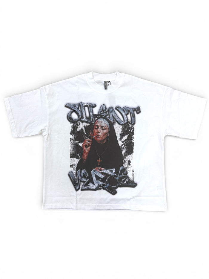 White Silent Verse oversized cropped T-shirt with "Only God Can Judge Me" printed design on front.