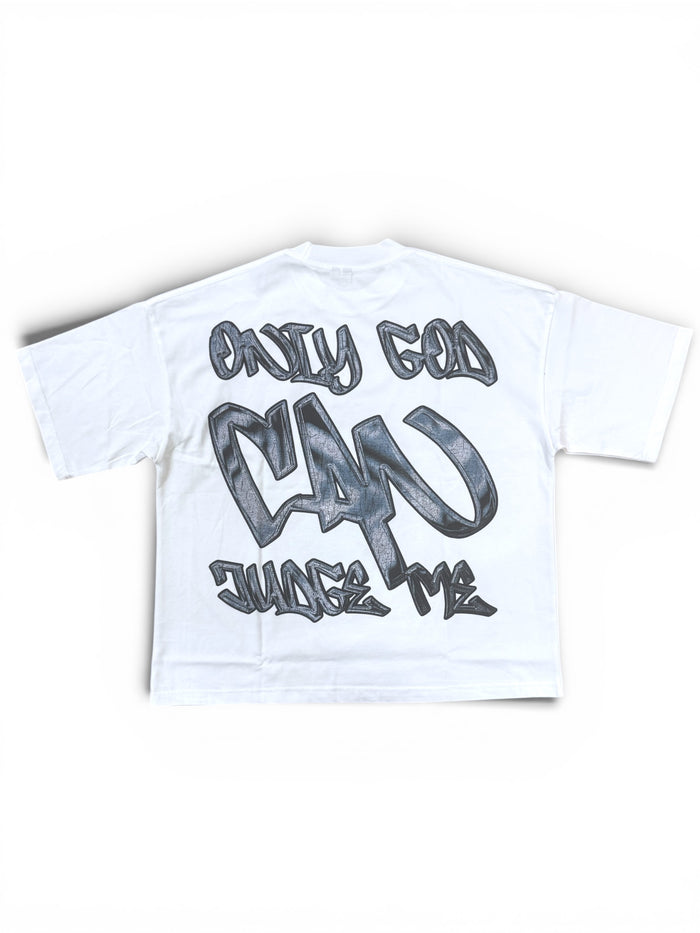 White Silent Verse oversized cropped T-shirt with "Only God Can Judge Me" graphic, casual streetwear style.