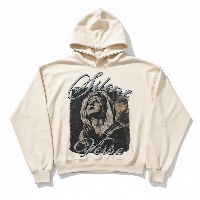 Cream Silent Verse hoodie with "The Sky Listens When I Pray" text, featuring a casual pullover design and comfortable fit.