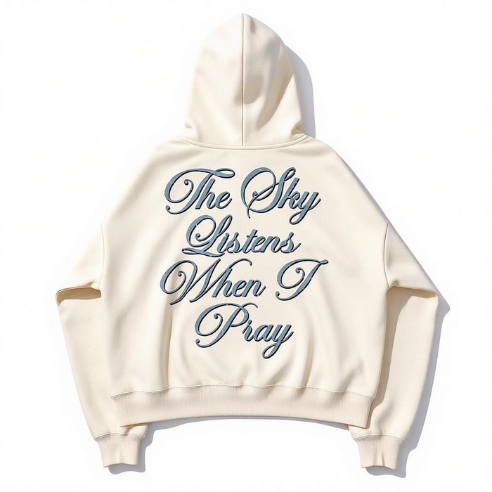 Cream Silent Verse hoodie featuring the "The Sky Listens When I Pray" design, soft fabric, and comfortable fit.