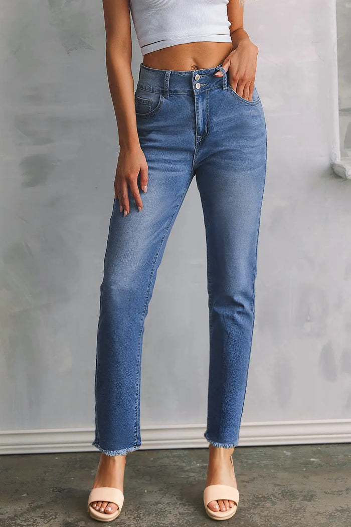 Sky Blue Double Button Raw Hem Slim Fit Jeans