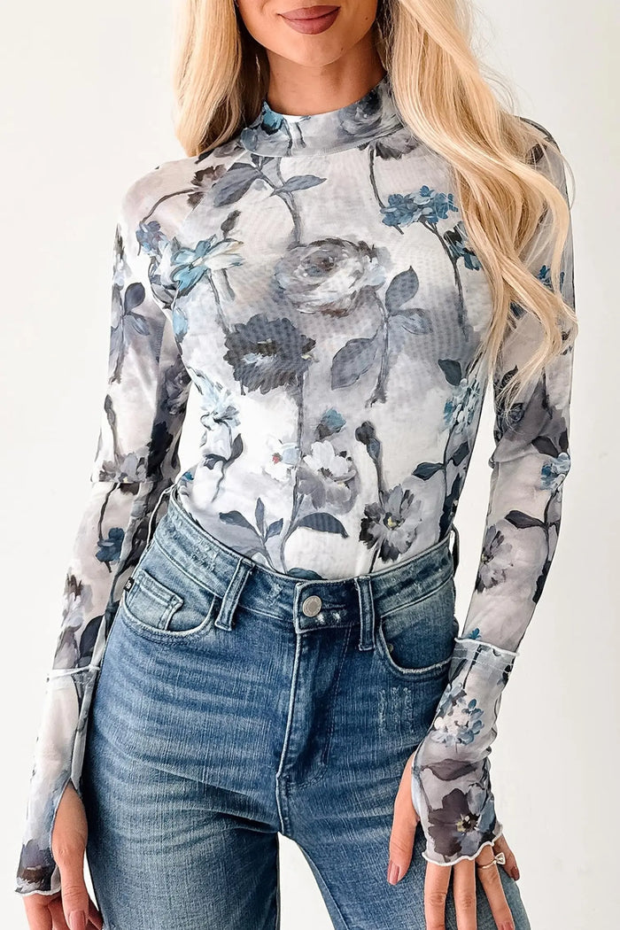 Sky Blue Floral Mesh High Neck Long Sleeve Sheath Top – Light Blue