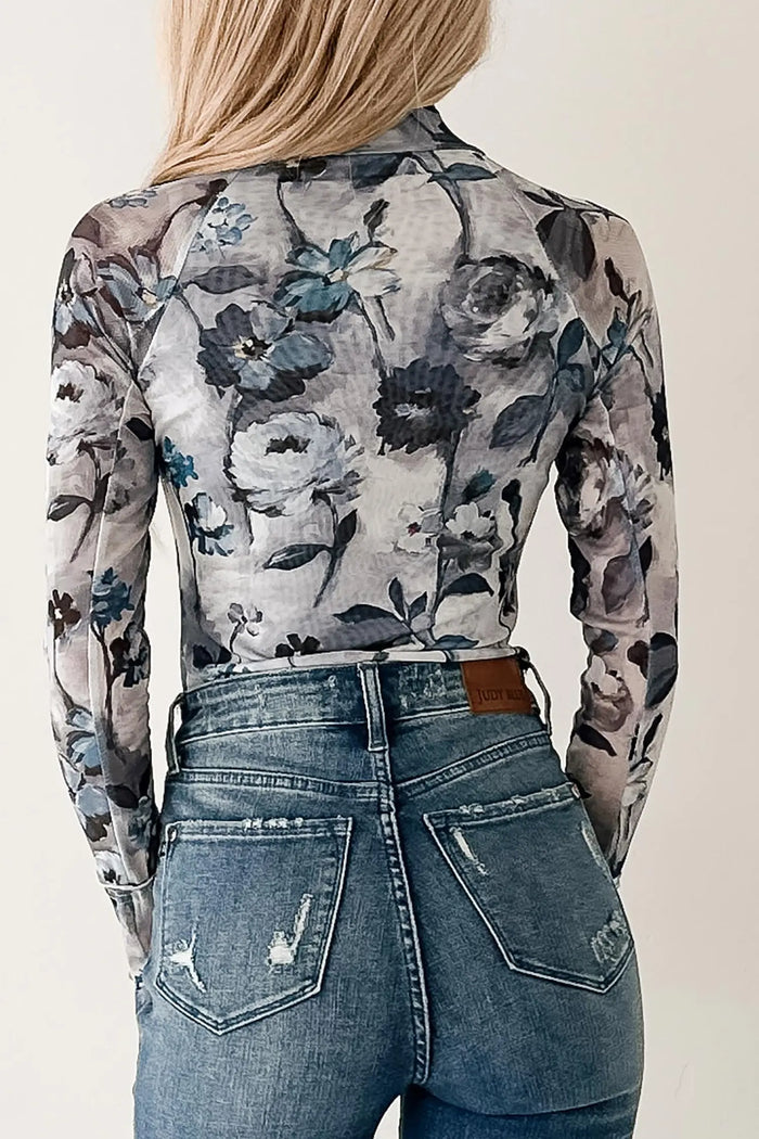 Sky Blue Floral Mesh High Neck Long Sleeve Sheath Top – Light Blue