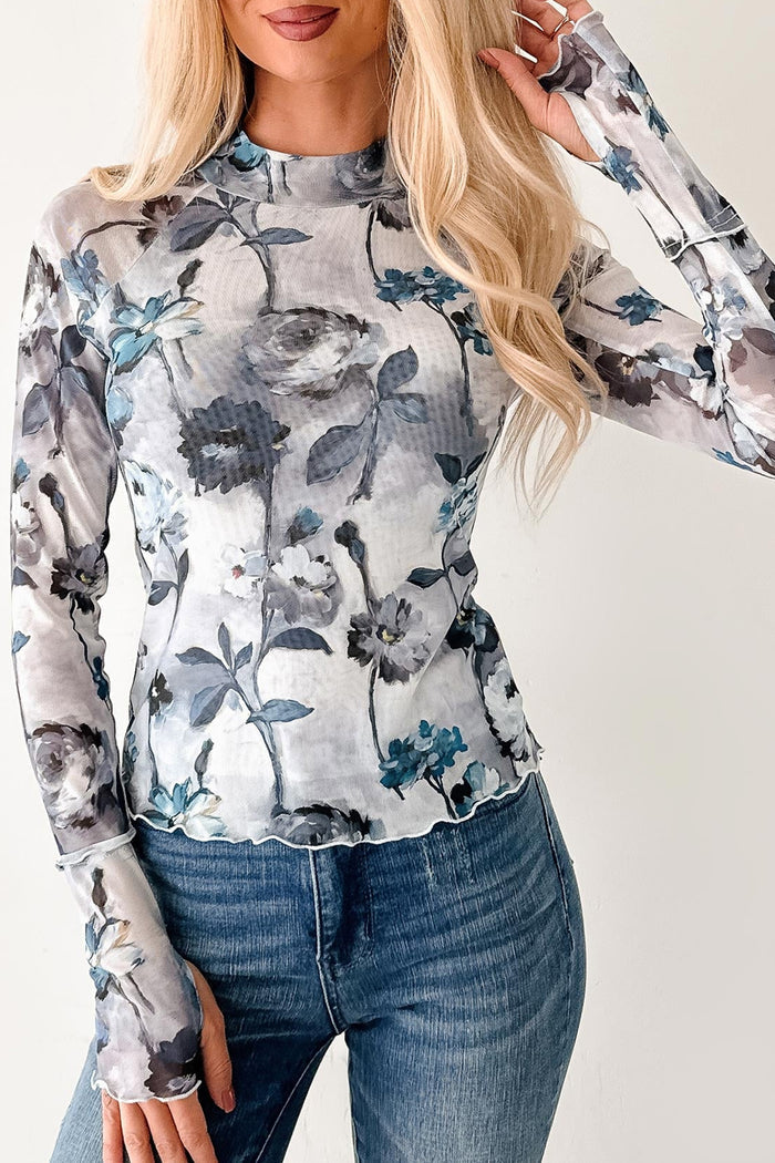 Sky Blue Floral Mesh High Neck Long Sleeve Sheath Top – Light Blue