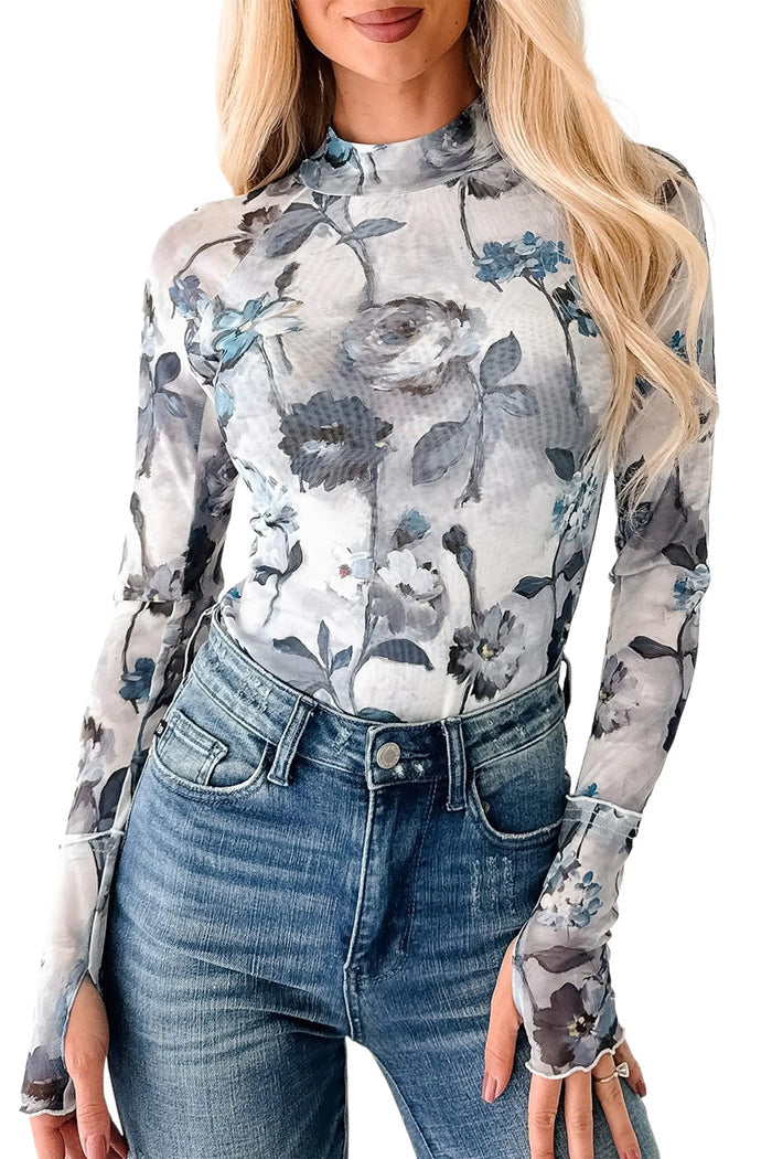 Sky Blue Floral Mesh High Neck Long Sleeve Sheath Top – Light Blue