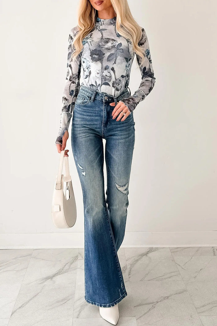 Sky Blue Floral Mesh High Neck Long Sleeve Sheath Top – Light Blue
