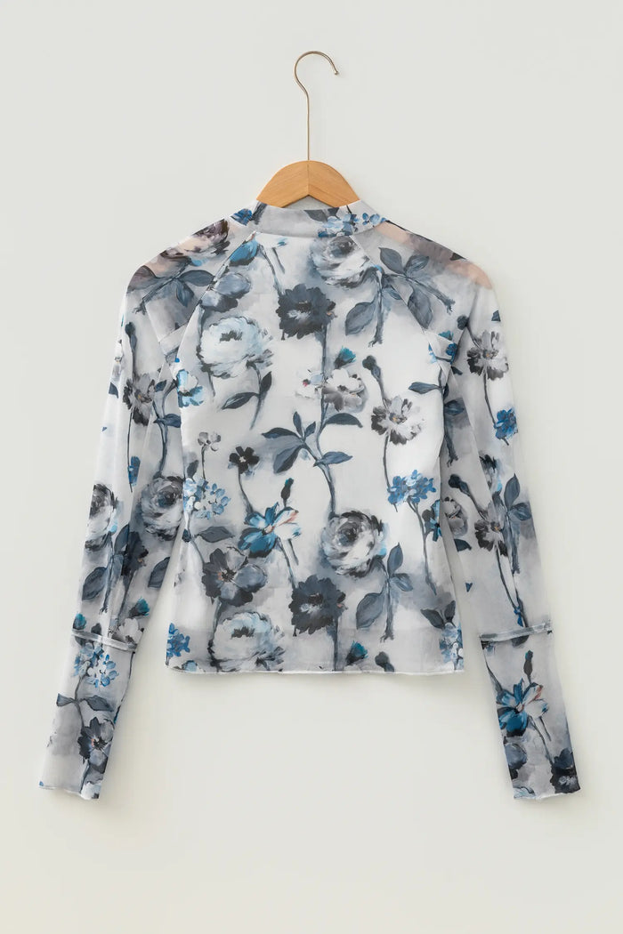Sky Blue Floral Mesh High Neck Long Sleeve Sheath Top – Light Blue