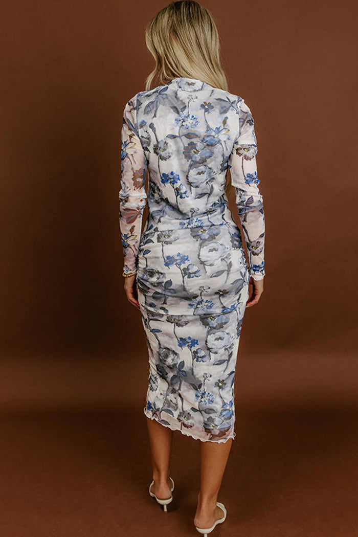Sky Blue Floral Print Sheath Elegant Long Sleeve Dress – Light Blue